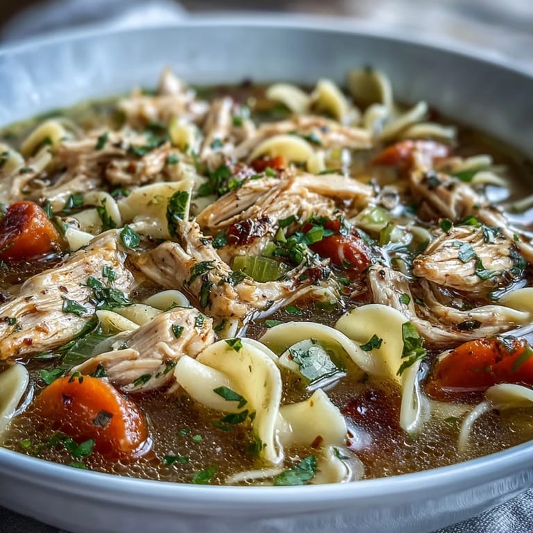 A hearty white bowl filled with Instant Pot Chicken Noodle Soup, garnished with fresh parsley and herbs.
