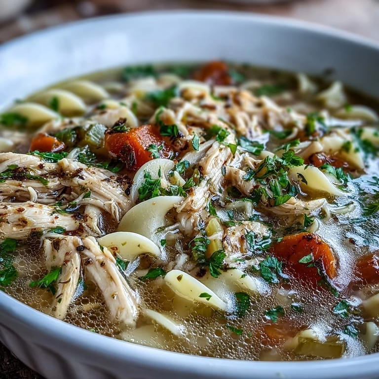 Close-up of ladle serving Instant Pot Chicken Noodle Soup from the pot, highlighting juicy chicken and veggies.
