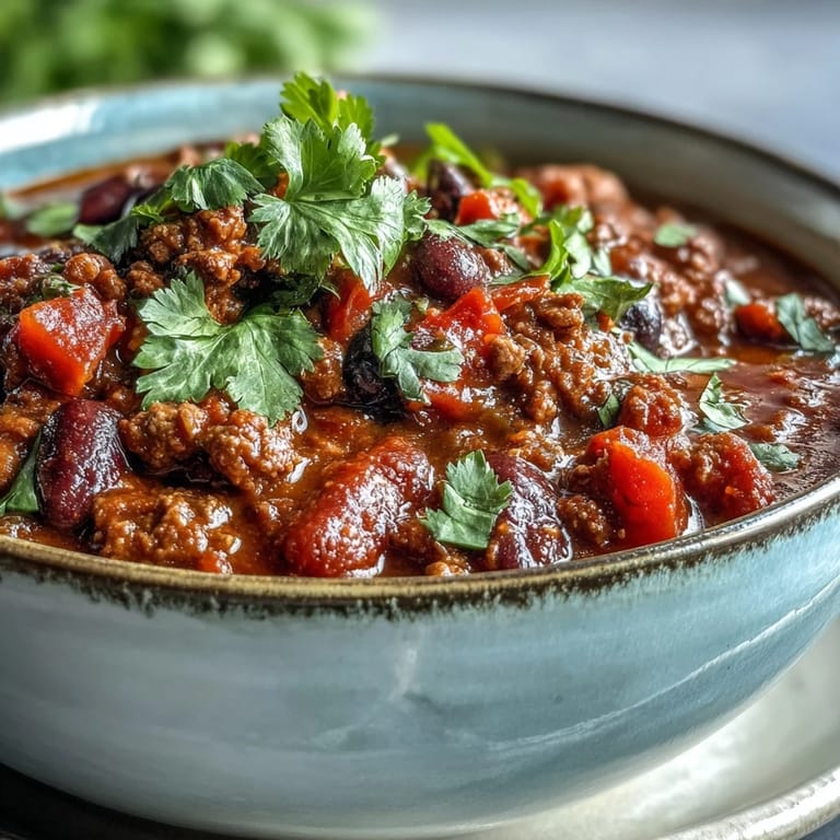 Hearty bowl of Slow Cooker Chili garnished with sour cream and green onions, served next to cornbread.