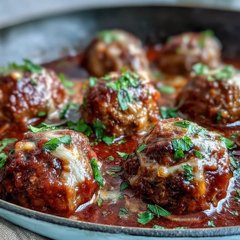 Close-up of Cheesy, Garlicky Meatballs With Marinara, bubbling red sauce, fresh herbs, and steam rising for a comforting meal.