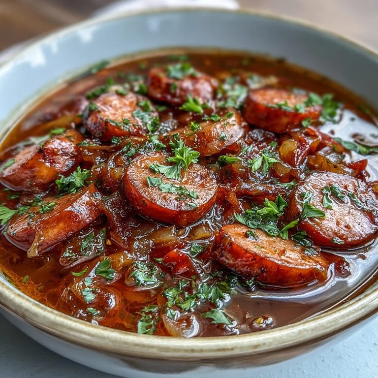 Savory Crock Pot BBQ Cocktail Sausage Soup ladled into a rustic bowl, paired with a spoon and napkin.