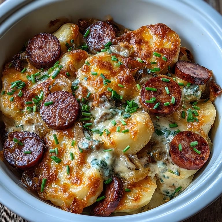 Layers of cheesy pierogi and smoked sausage in a comforting Crockpot Pierogi Casserole with Kielbasa ready to eat.