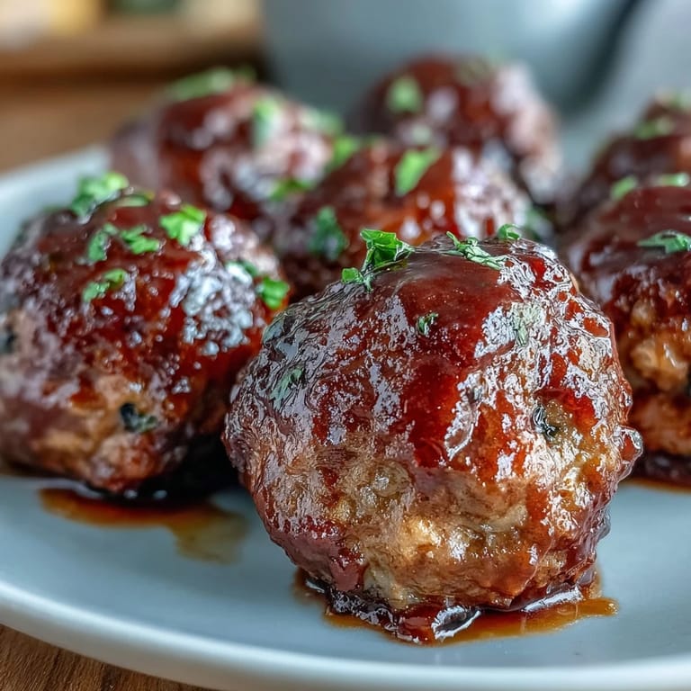 Slow Cooker Peach Glazed Meatballs in a rich, sticky sauce, piled high in a white slow cooker and garnished with fresh parsley.
