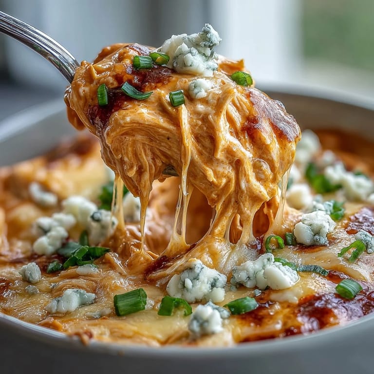 Spicy Crock Pot Buffalo Chicken Dip Soup topped with green onions and blue cheese, served with celery sticks.