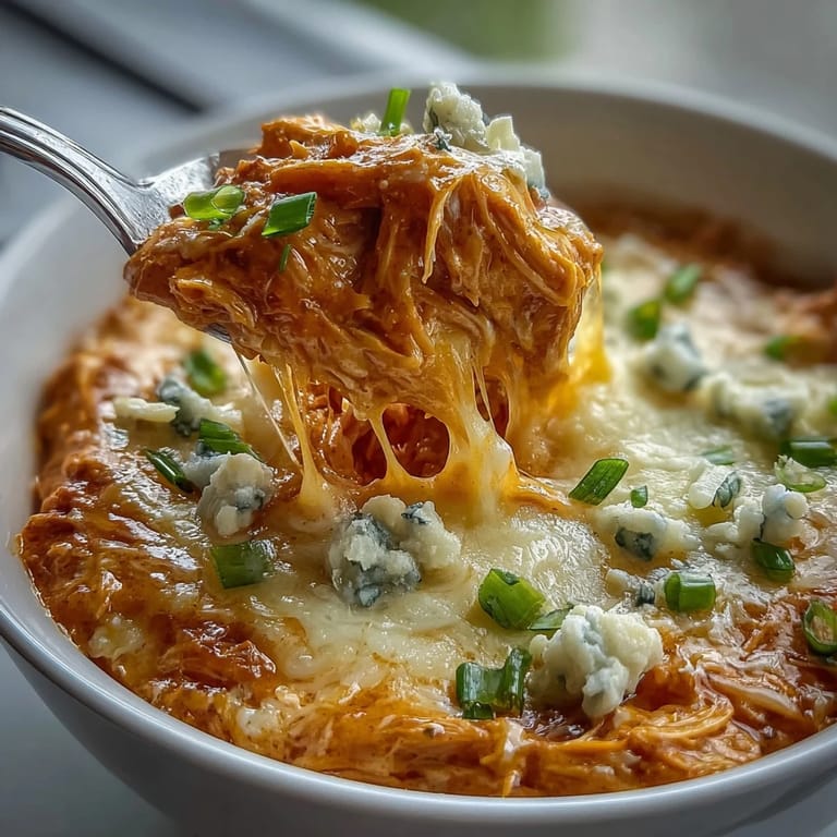 Rich and creamy Crock Pot Buffalo Chicken Dip Soup ladled into a rustic bowl, garnished with fresh parsley.