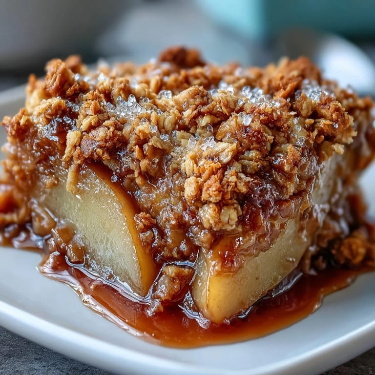 Golden pear crumble with tender fruit and crispy topping, fresh from the oven in a rustic baking dish.