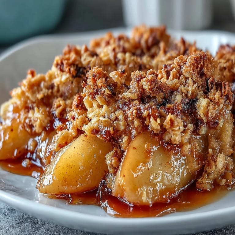 Homemade British-style pear crumble, bubbling and caramelized, perfect for cozy dessert nights with a dusting of cinnamon.