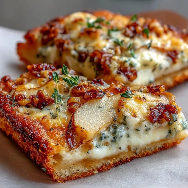 Close-up of a vegetarian Italian appetizer featuring crisp dough, crumbled blue cheese, and thyme garnish on a marble countertop.  