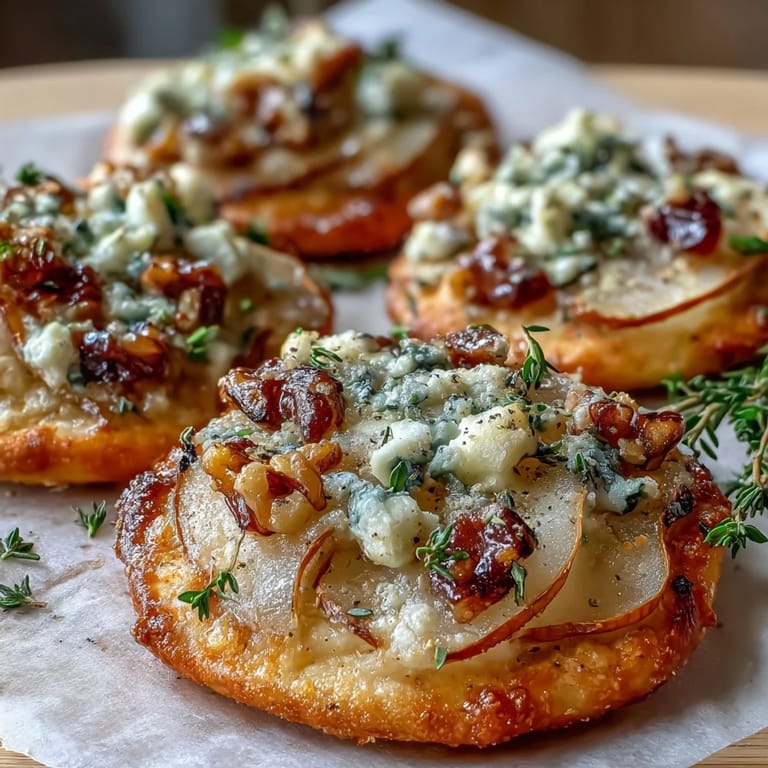 Elegant party snack showing pear and Gorgonzola pizzettes drizzled with honey and fresh arugula, ready to serve.