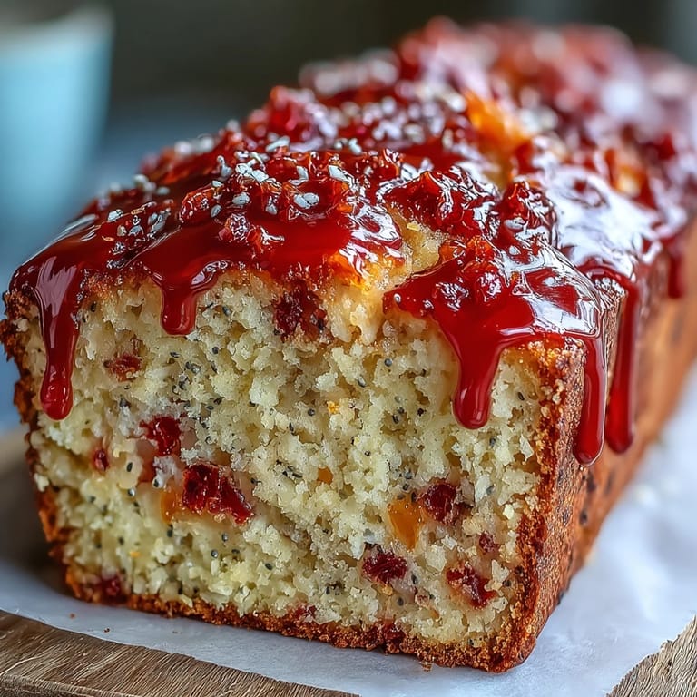 Glazed Blood Orange Loaf Cake with Poppy Seeds and Marzipan on a wooden board, glistening with sweet citrus icing, ready for afternoon tea.