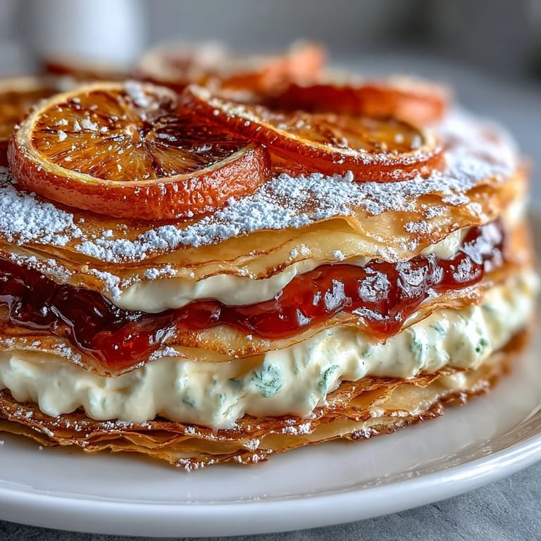 This delicate blood orange curd crêpe cake is chilled to perfection, showcasing smooth layers and a bright citrus aroma.