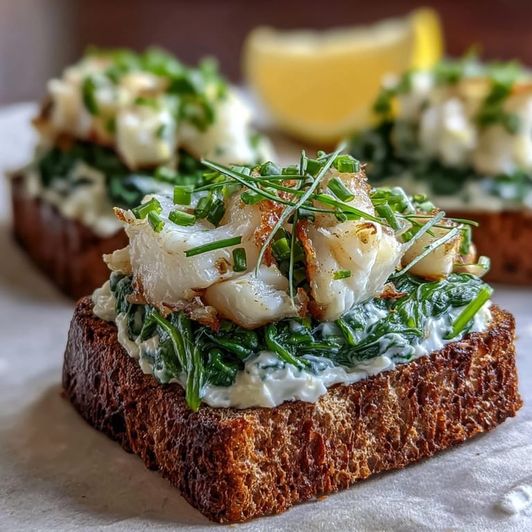 Golden rye toast spread with creamy crème fraîche, topped with tender smoked haddock and fresh spinach leaves.