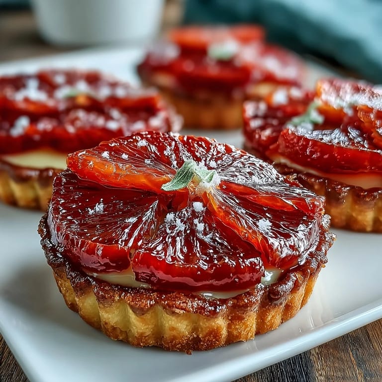 Six individual Blood Orange Tarts featuring crisp pastry shells and vibrant, tangy citrus slices, ready to serve at a dessert table.