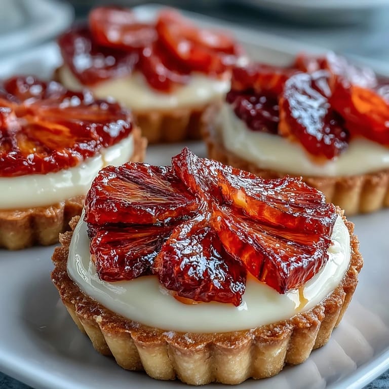 A plated Blood Orange Tarts dessert topped with glossy blood orange rounds, highlighting the smooth vanilla custard filling.