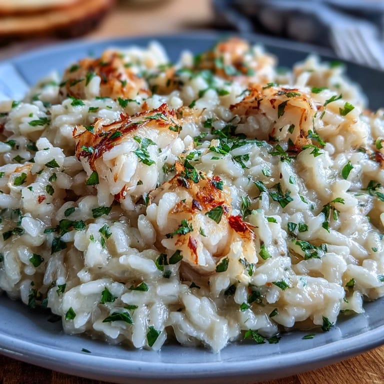 Comforting Smoked Haddock Risotto topped with grated Parmesan, ready to serve alongside a crisp green salad for dinner.