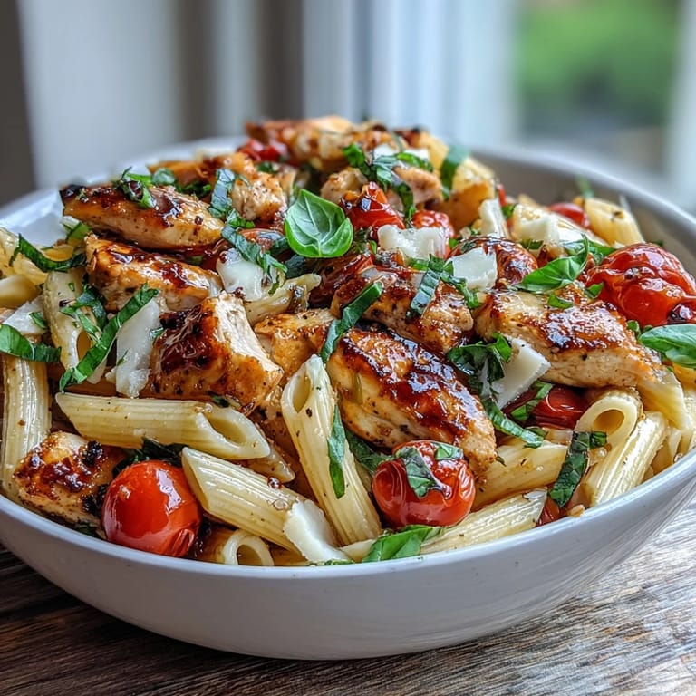 Close-up of juicy cherry tomatoes and melted cheese in a Bruschetta Chicken Pasta recipe, ready for dinner.