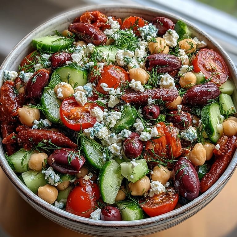 Close-up of Greek Bean Salad with Lemon Marinated Beans features chunky beans, juicy tomatoes, and fresh herbs on a rustic table.