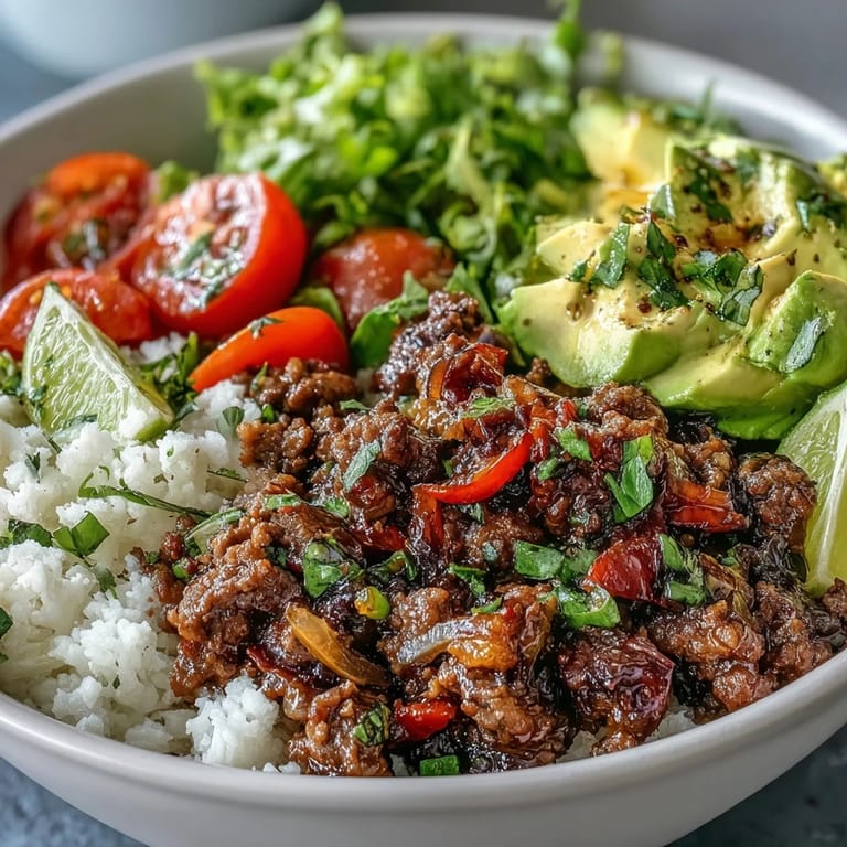 A steaming Low Carb Burrito Bowl features seasoned beef, cauliflower rice, lettuce, and a dollop of sour cream.