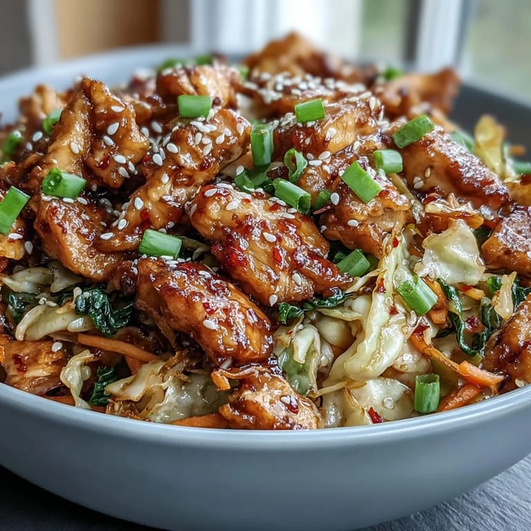 Vibrant Egg Roll Bowls with Chicken and Cabbage tossed with carrots and sesame seeds on a spoon.