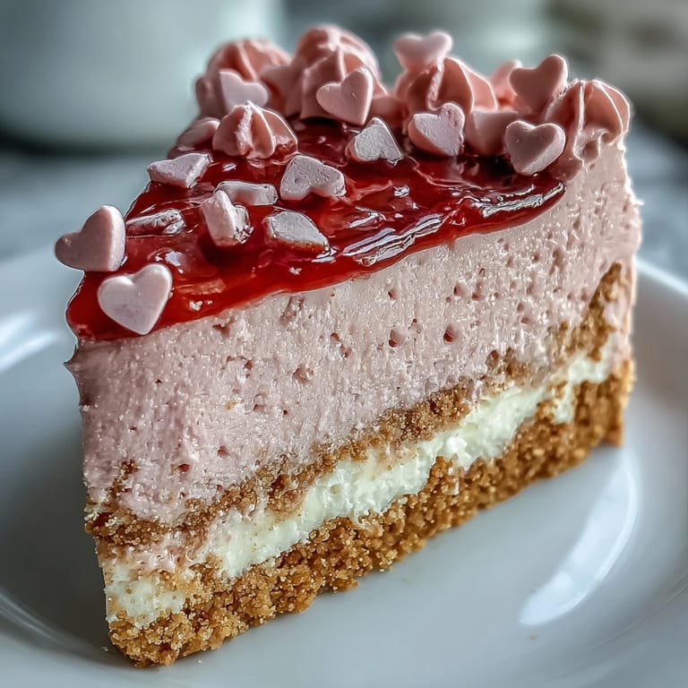 Side view of Candy Hearts Fake Cake with whipped frosting, buttery graham cracker crust, and crunchy conversation hearts.