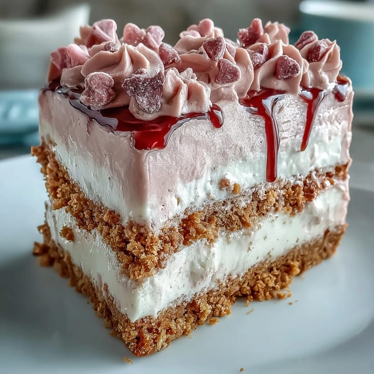 Overhead shot of a whole Candy Hearts Fake Cake topped with pink whipped frosting and rainbow sprinkles.