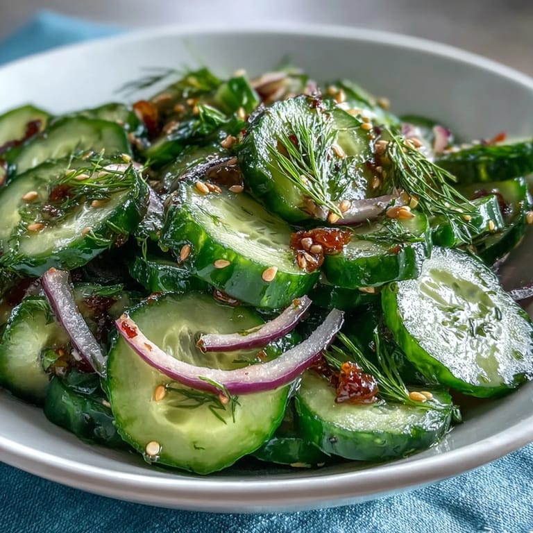 A chilled bowl of Refreshing Crunchy Cucumber Salad with fresh dill and sesame seeds, perfect for warm days.