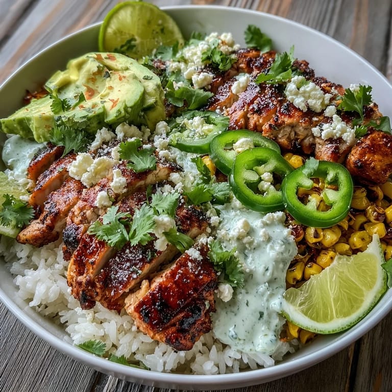 Street Corn Chicken and Rice Bowls served with warm fluffy rice, juicy citrus-marinated chicken, charred corn, and lime crema topped with crumbled cotija cheese.