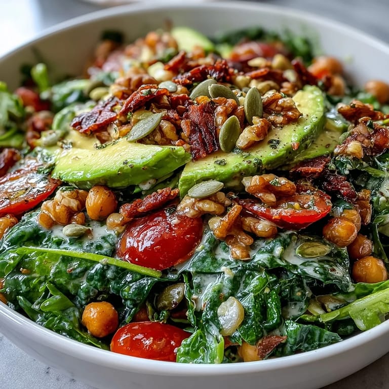 Colorful Mixed Greens Power Bowl topped with sliced avocado, pumpkin seeds, and a drizzled lemon vinaigrette.