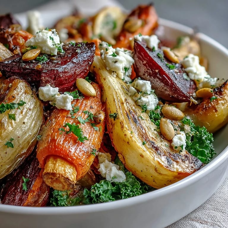 Savory roasted root vegetables and pepitas garnish a nourishing Winter Root Vegetable Bowl with dressing.