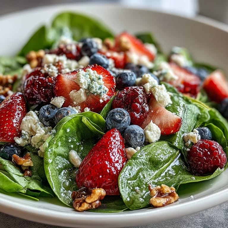 A vibrant bowl of baby spinach, strawberries, blueberries, raspberries, goat cheese, and walnuts, lightly dressed with honey-Dijon vinaigrette.