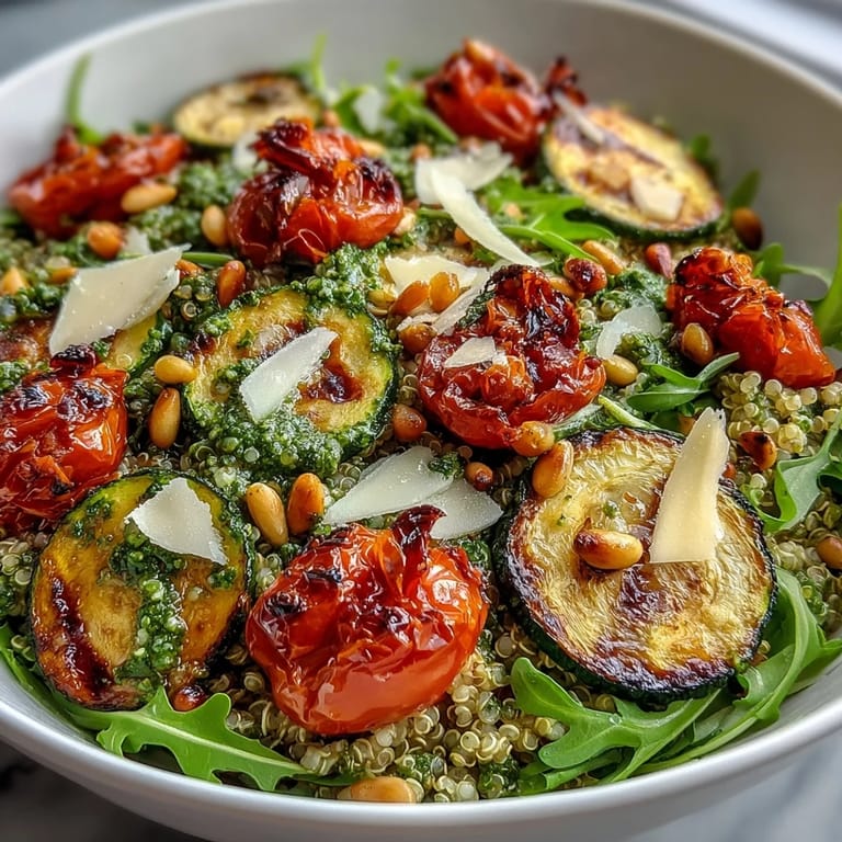 A fresh Arugula Pesto Bowl garnished with shaved Parmesan and pine nuts, ready to serve.
