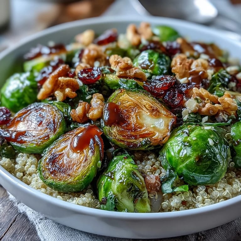 Healthy vegan roasted Brussels sprouts bowl with red onions and grains, perfect for a hearty lunch or dinner.