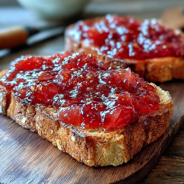 Spooning glossy Guava Preserves onto a warm croissant at breakfast, highlighting its sweet tropical aroma.