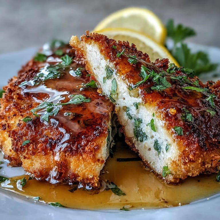 Pan-seared Lemon Parmesan Crusted Chicken with Lemon Butter Sauce plated beside a crisp green salad.
