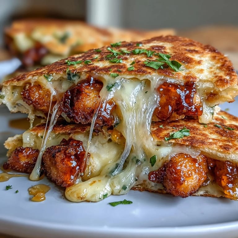 Cheesy Hot Honey Chicken Quesadillas cut into wedges, revealing tender chicken in spicy honey sauce and gooey melted cheese.