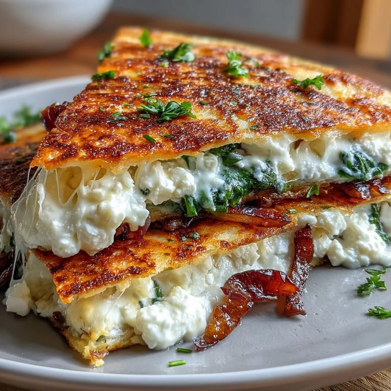 Close-up of a Mediterranean Quesadilla slice revealing gooey cheese and vibrant spinach filling.