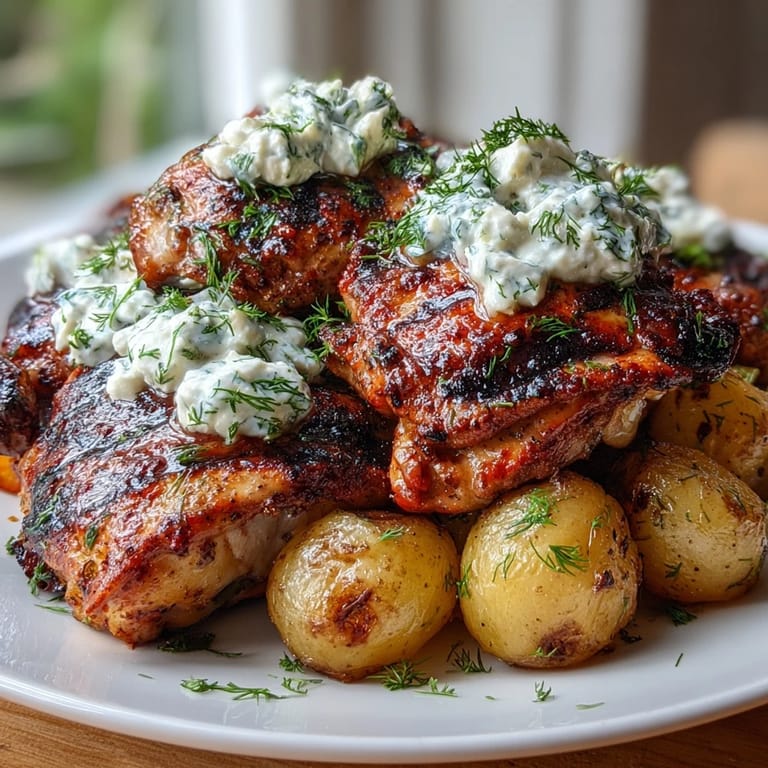 Golden brown crispy baby potatoes plated beside spicy yogurt marinated chicken, smothered in tangy dill feta cream for a Mediterranean-inspired dinner.