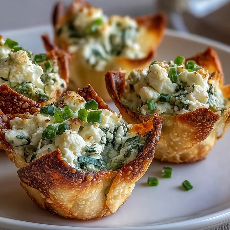 Warm Crispy Spinach Feta Wonton Cups arranged on a rustic wooden board, garnished with fresh herbs for a party appetizer.