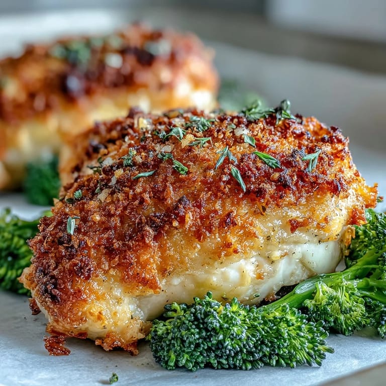 Close-up of Crispy Parmesan Broccoli & Chicken Trays highlighting the crunchy panko crust and tender chicken slices on parchment.