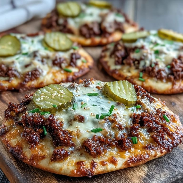 A close-up of Cheeseburger Garlic Naan Pizzas with ketchup drizzle and sesame seeds on a rustic board.