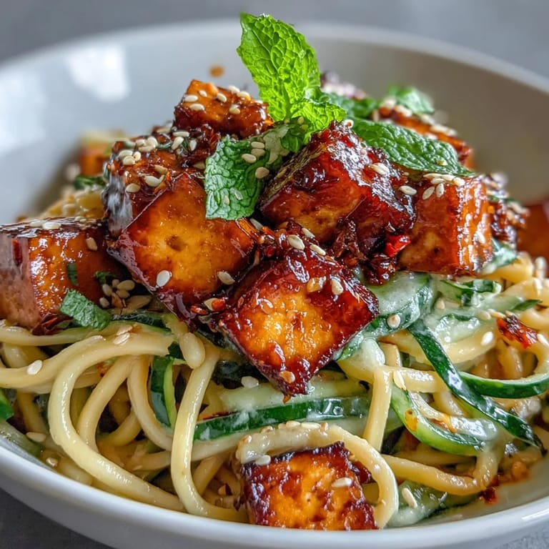 Overhead shot of colorful TikTok-Style Chili Crisp Cucumber Noodle Bowls ready to serve, garnished with fresh cilantro and chili crisp.