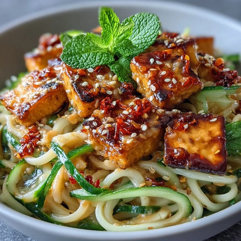 A close-up view of TikTok-Style Chili Crisp Cucumber Noodle Bowls topped with sesame seeds, scallions, and lime wedges.