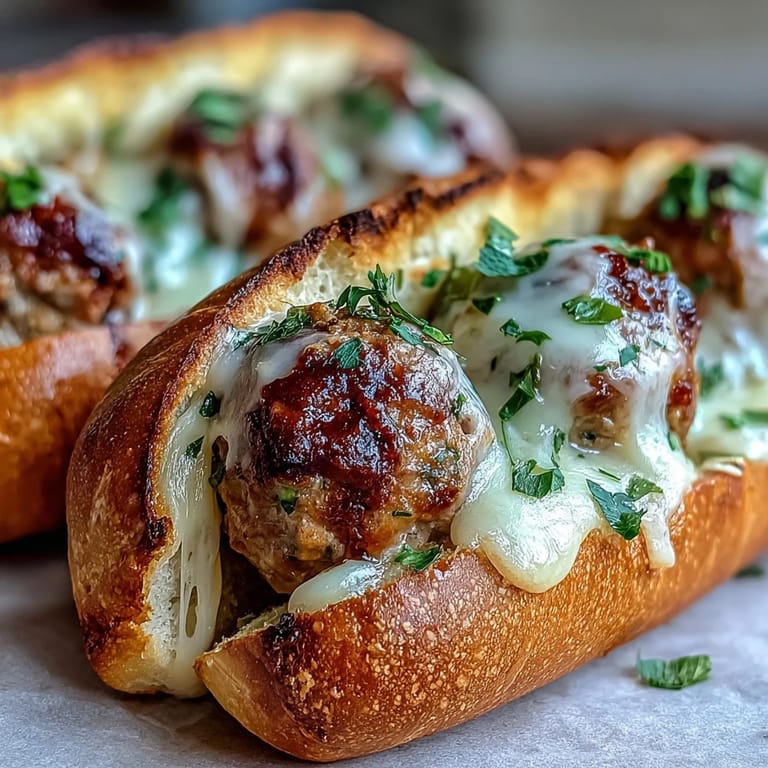 Four toasted sub rolls are filled with meatballs and topped with melted mozzarella for a savory dinner.