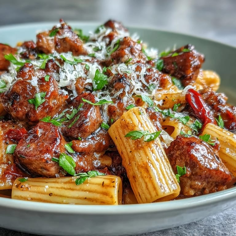 A hearty bowl of One-Pot Creamy Red Wine Sausage Pasta topped with fresh parsley and grated cheese, paired with a glass of red wine for a cozy dinner.