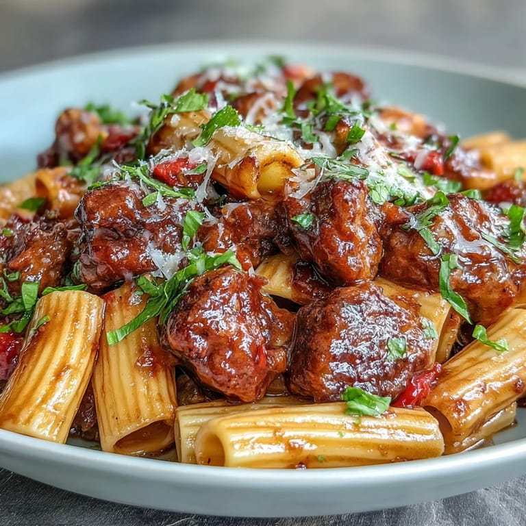 Close-up of One-Pot Creamy Red Wine Sausage Pasta, highlighting juicy sausage pieces and a glossy, creamy tomato sauce clinging to rigatoni noodles in a dark cast-iron pan.