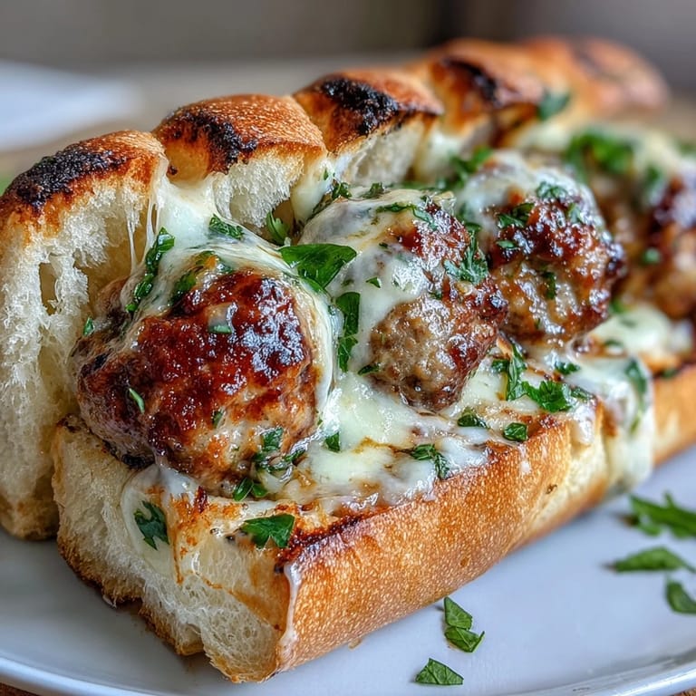 Toasted sub rolls filled with four juicy garlic-Parmesan turkey meatballs, topped with melted mozzarella and fresh green parsley.