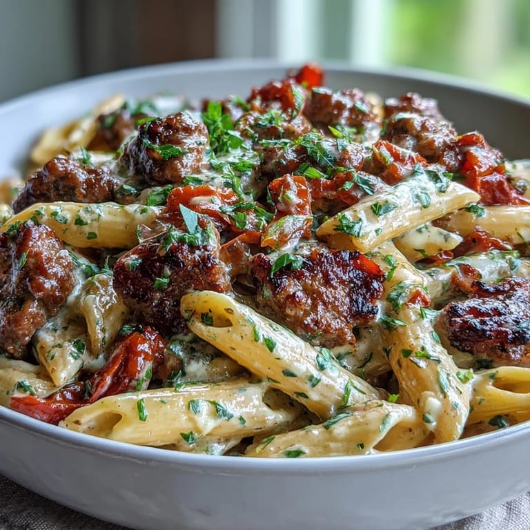 Close up of a savory one-pot creamy red wine sausage pasta, with glistening sauce and al dente noodles in a skillet.