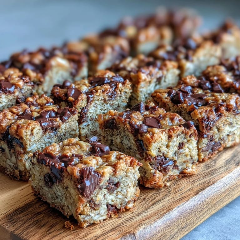 Perfectly sliced Chunky Monkey Protein Baked Oat bars on a white plate, ideal for a healthy grab-and-go snack.