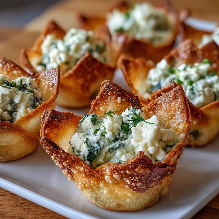 Finger-food appetizer showcasing Crispy Spinach Feta Wonton Cups garnished with fresh dill, served on a party platter for easy entertaining.