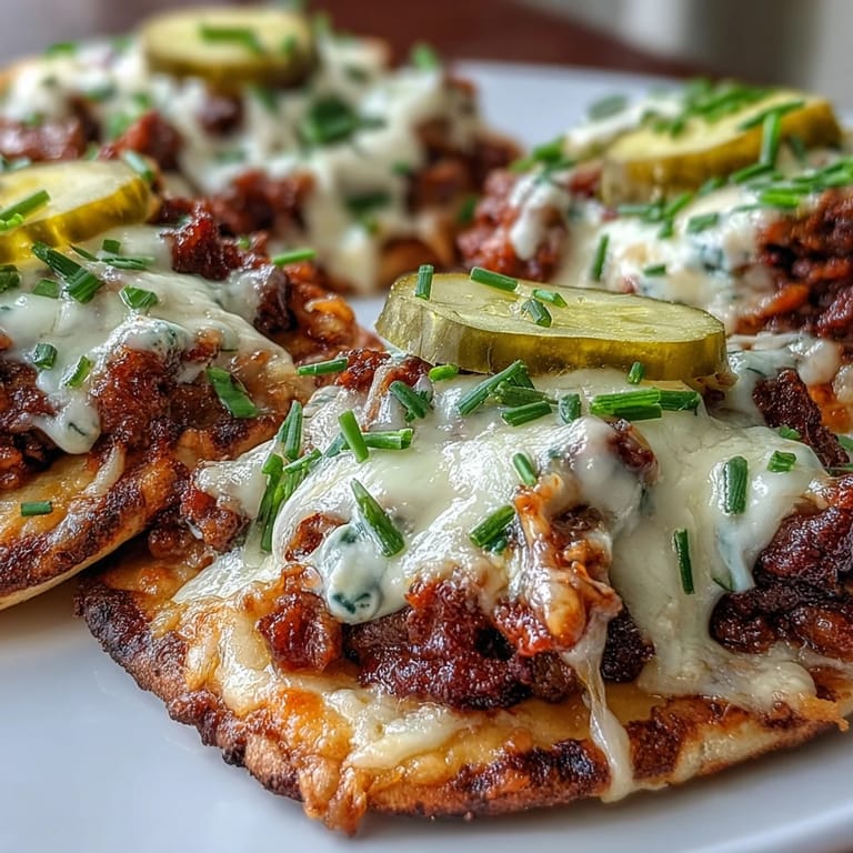 Golden baked Cheeseburger Garlic Naan Pizzas feature seasoned ground beef and creamy cheese sauce on warm garlic naan bread.